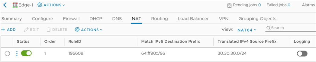 NAT64 규칙 정의는 64:ff90:/96을 IPv6 대상 접두사로, 30.30.30.0/24를 IPv4 소스 접두사로 사용합니다.