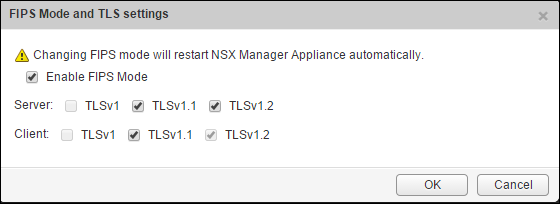 FIPS 모드를 변경하면 NSX Manager 장치가 자동으로 다시 시작됨을 알리는 주의 메시지가 표시됩니다.