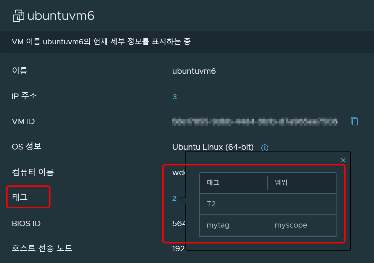 태그 할당 세부 정보를 표시하는 [VM 정보] 대화상자