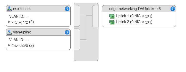 NSX Edge VM 네트워킹을 위한 포트 그룹, 터널 및 VLAN 업링크 구성.