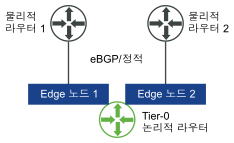하나의 클러스터에 있는 각 Edge 노드의 Tier-0 논리적 라우터에 대해 2개의 업링크가 있는 동일한 비용의 다중 경로 라우팅.