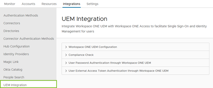 Workspace ONE Access 콘솔의 UEM 통합 옵션