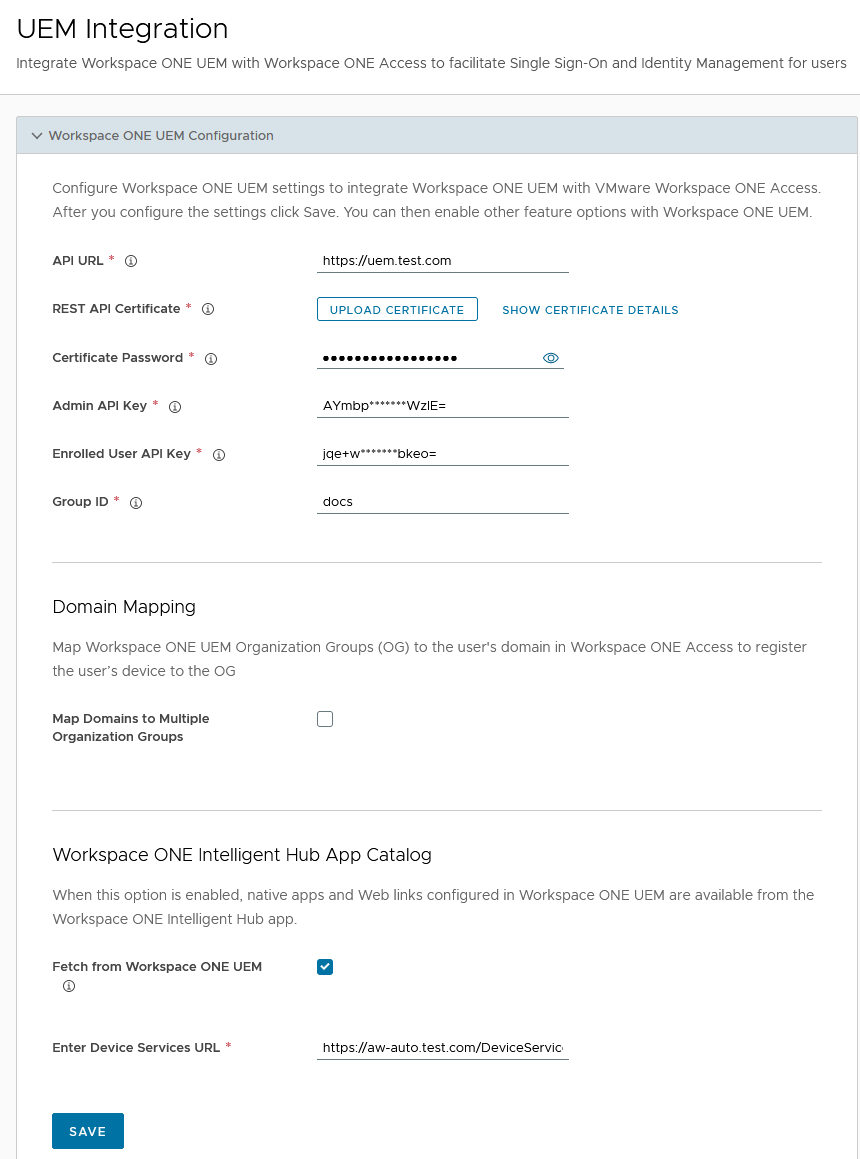 Workspace ONE Access 콘솔의 UEM 통합 페이지