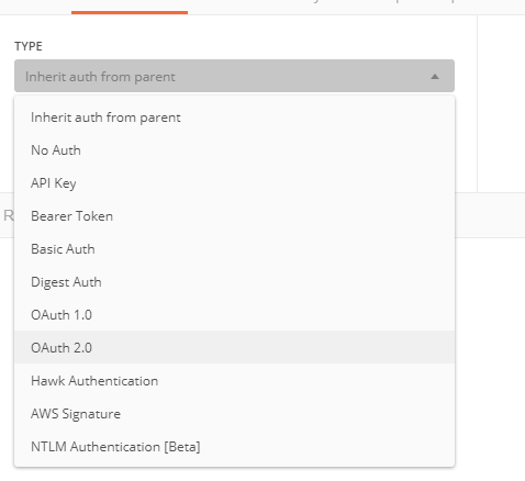 OAuth 2.0이 선택된 유형 드롭다운 메뉴를 보여 주는 이미지