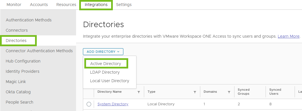 [디렉토리 추가] 드롭다운 옵션은 Active Directory, LDAP 디렉토리 및 로컬 사용자 디렉토리입니다.