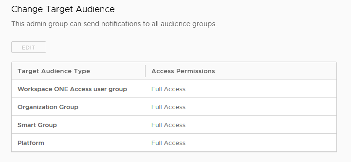 Hub 서비스에서 관리자를 설정할 때 대상 청중 옵션 목록