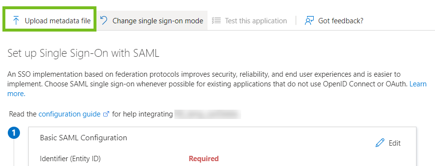 메타데이터 파일 업로드 옵션은 SAML을 사용하여 Single Sign-On 설정 페이지의 맨 위에 있습니다.