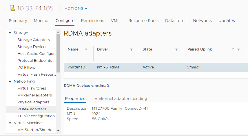 vSphere 환경의 ESXi 호스트에 설치된 RDMA 어댑터.