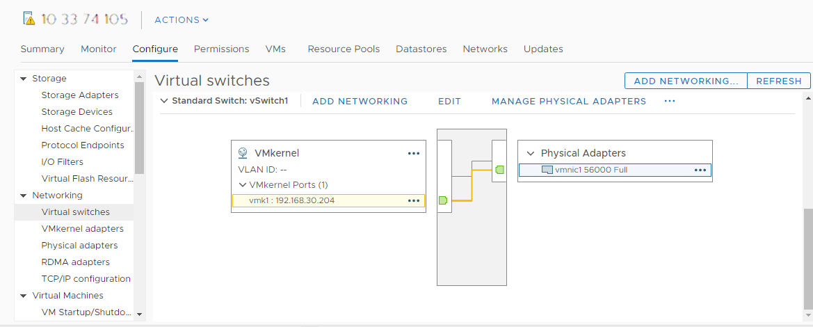 물리적 네트워크 어댑터와 VMkernel 어댑터가 vSphere 표준 스위치에 연결되어 있습니다. RDMA 어댑터가 VMkernel 어댑터에 바인딩됩니다.