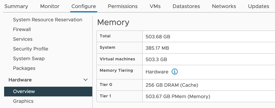 [구성] > [하드웨어] > [개요] > [메모리]에서 DRAM 및 PMEM의 크기를 보여주는 스크린샷.