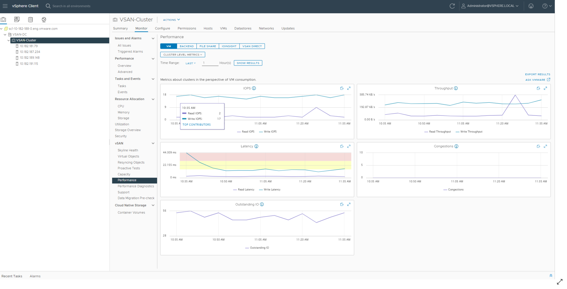 vSAN 성능은 제공된 시간 범위를 기준으로 클러스터 수준에서 다양한 메트릭을 표시합니다.