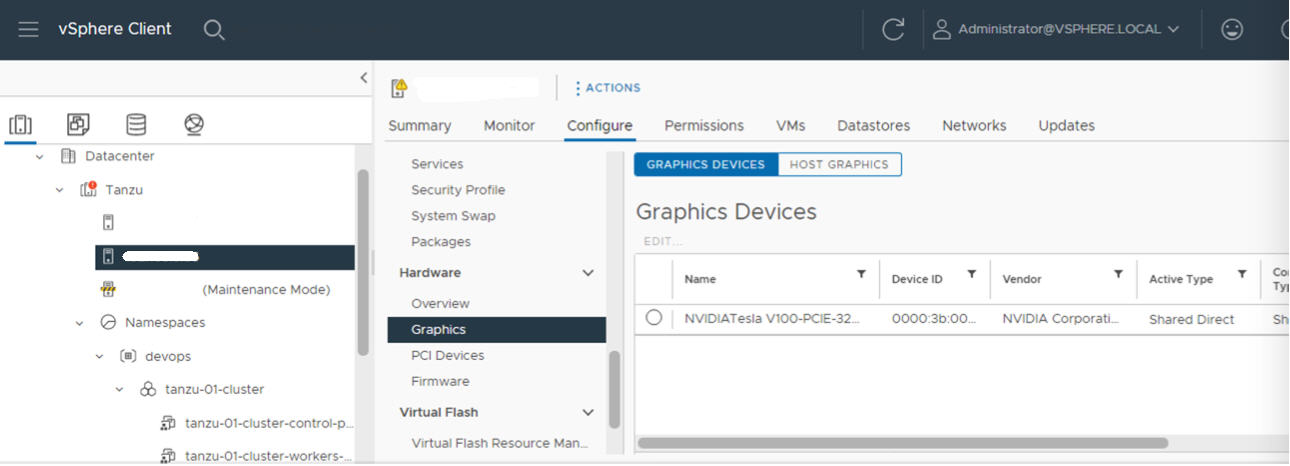 vSphere Client의 [그래픽 디바이스] 탭에 Shared Direct 모드가 사용되도록 설정된 NVIDIA GPU A100 디바이스가 나열됩니다.