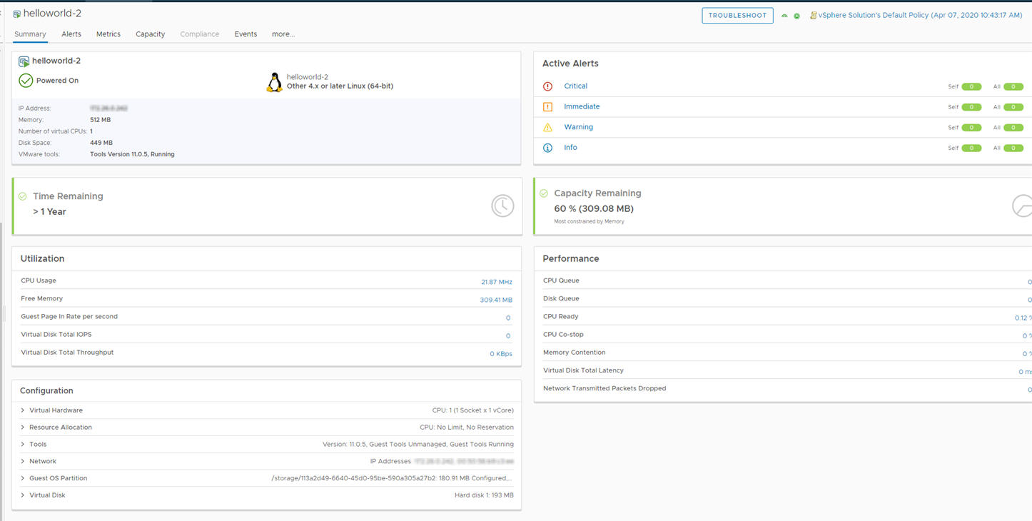 vSphere 포드 요약 탭 페이지의 스크린샷.