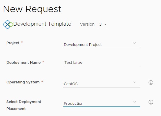 Catalogusaanvraagformulier met Test large als implementatienaam en Productie geselecteerd.