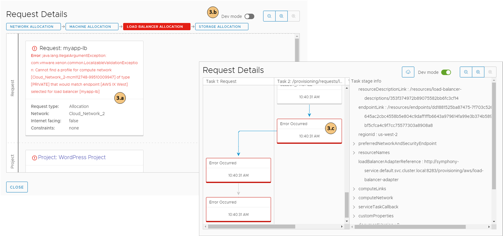 Aanvraagdetails en dev-modus.