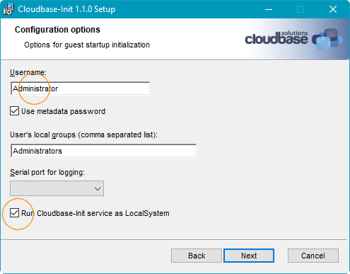 Pagina met account voor installatiewizard van cloudbase-init