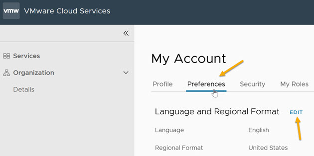 Klik op Bewerken in de sectie Taal en regionale indeling op de pagina Mijn accountvoorkeuren.