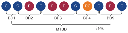 Diagram met tijd die is verstreken tussen leveringen (BD) en de gemiddeldeberekening van Gemiddelde tijd tussen leveringen (MTBD).