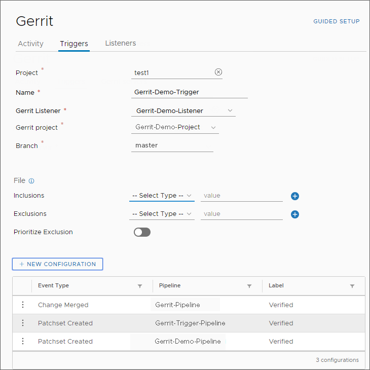 De configuratie voor de Gerrit-listener en -trigger bevat de gebeurtenistypen en de pijplijnen die kunnen worden geactiveerd.