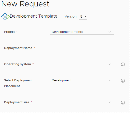 Het aanvraagformulier voor de catalogus voor het catalogusitem Deployment Template. Dit omvat de opties implementatienaam, besturingssysteem, plaatsing en implementatiegrootte.