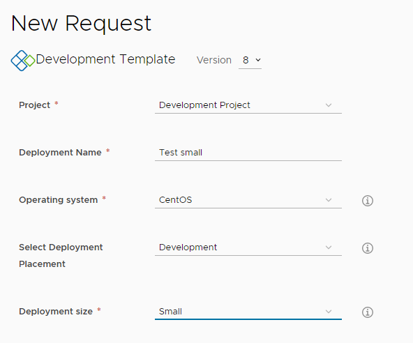 Catalogusaaanvraagformulier met Test small als implementatienaam en Development en Small geselecteerd.