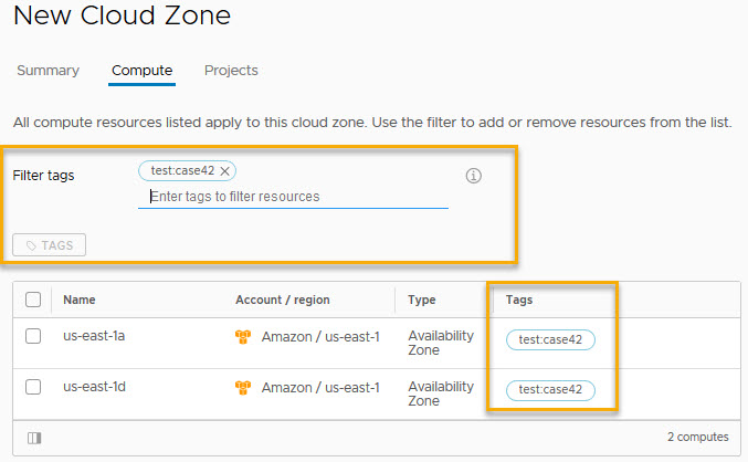 Cloudzonescherm waar het tagfilter de tag voor de 2 berekeningen bevat