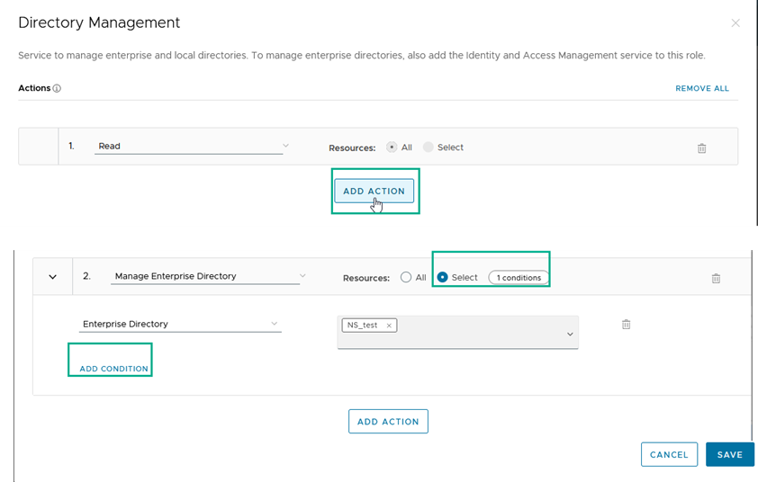 Pagina Acties toevoegen aan rollen in de Workspace ONE Access-console