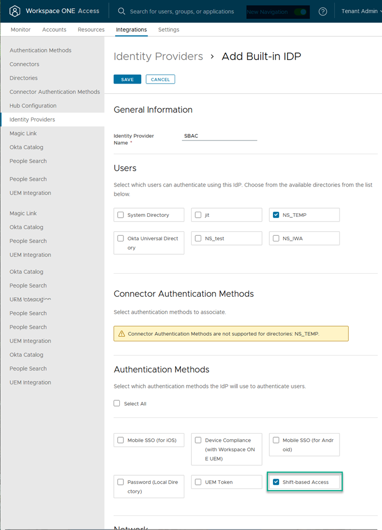 De pagina Identiteitsprovider in de Workspace ONE Access-console voor de configuratie van toegang op basis van ploegen