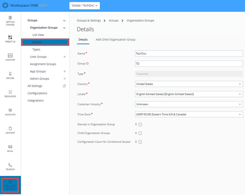 Deze schermafbeelding toont het detailoverzicht van de pagina Organisatiegroepen, die u gebruikt om onderliggende organisatiegroepen toe te voegen.