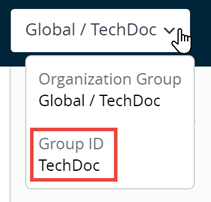 Deze gedeeltelijke schermafdruk laat zien hoe de muisaanwijzer over het organisatiegroep-label in UEM zweeft, waardoor een pop-upvenster met de groeps-ID wordt weergegeven voor de organisatiegroep waarin u zich bevindt.