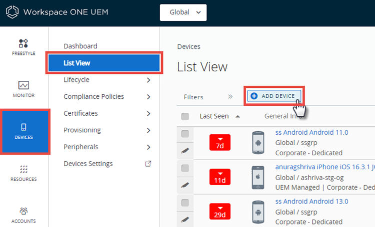 Deze schermafbeelding toont de lijstweergave voor toestellen, waarmee u een toestel aan uw toestelbestand kunt toevoegen.