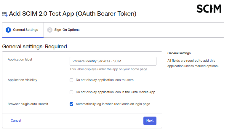 De voorbeeldapp heeft de naam VMware Identity Services - SCIM.