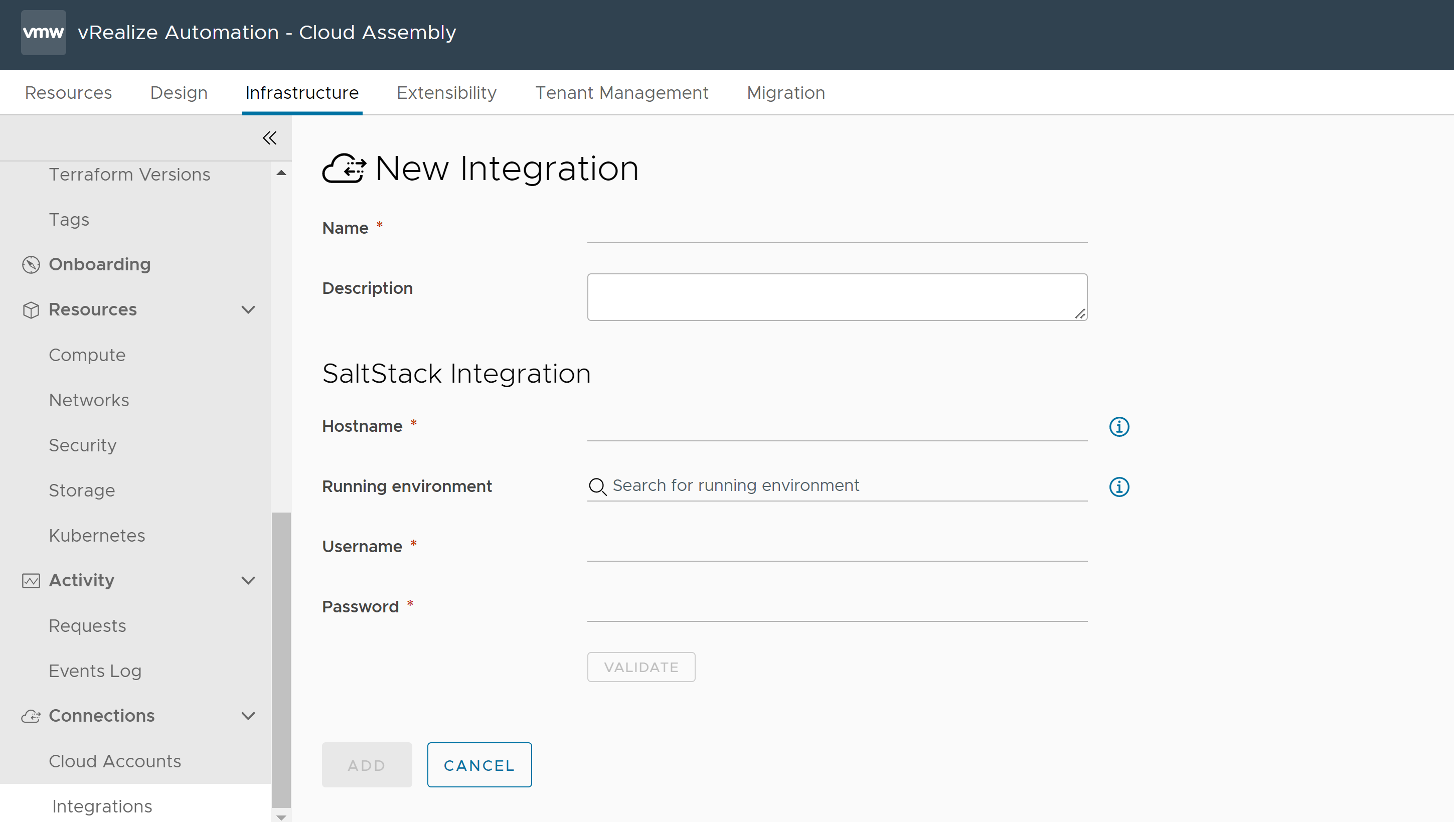 Formulier om een nieuwe integratie in Cloud Assembly te maken