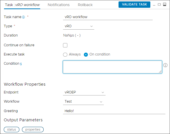 Als u voorwaarden voor de vRealize Orchestrator-taak moet toepassen, voert u ze in het gebied Voorwaarde in.