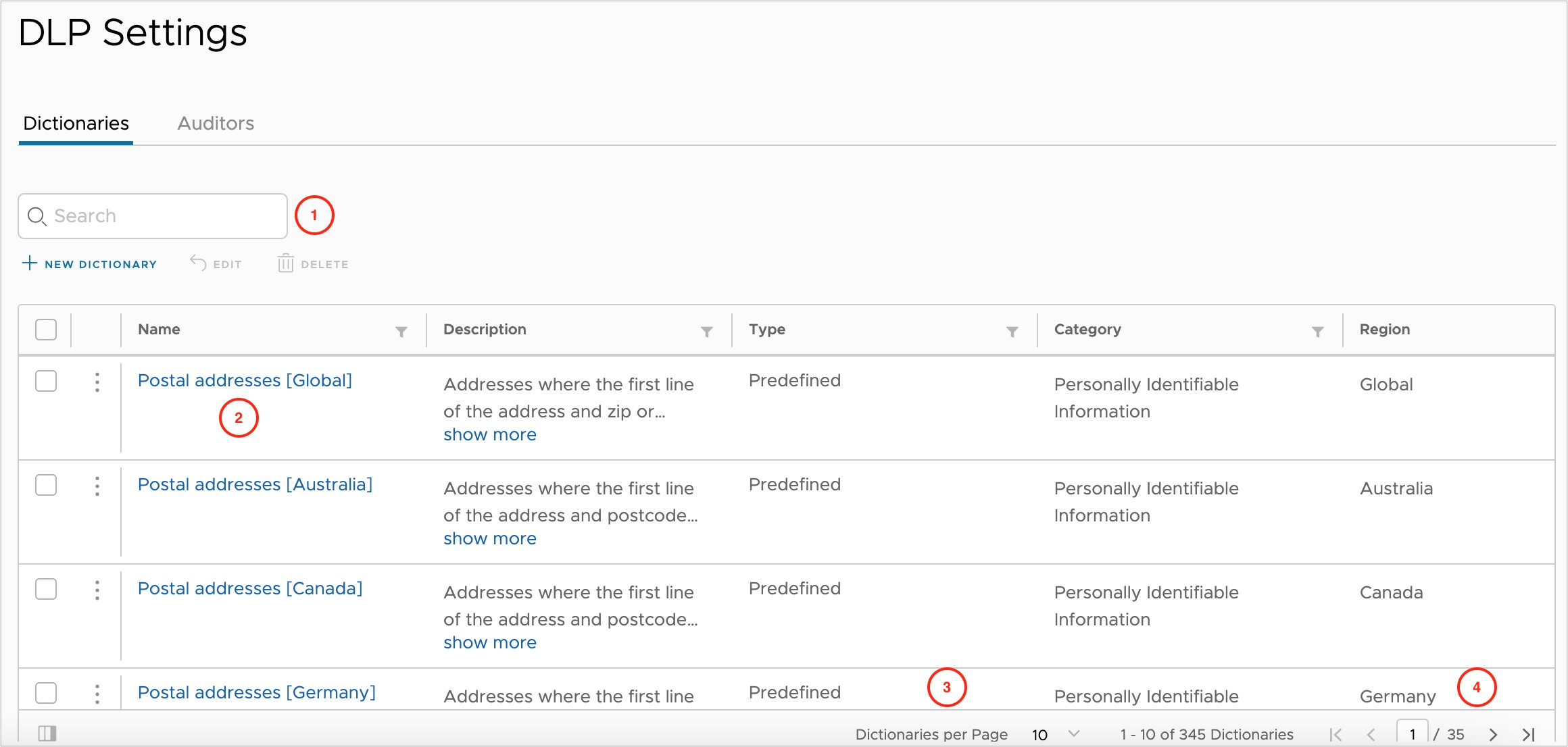 Ecrã de configuração de novo dicionário com critérios de correspondência