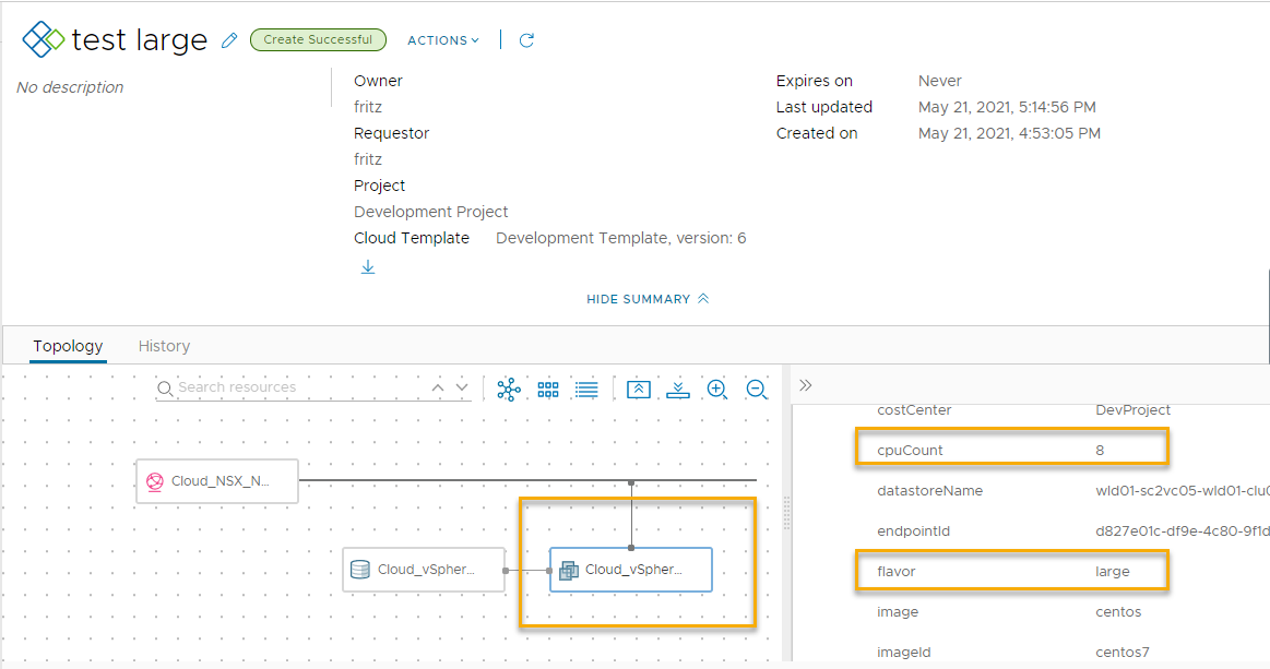 Страница развертывания топологии, где на холсте выделено Cloud_vSphere_Machine, а на правой панели cpuCount=8 и flavor=large.