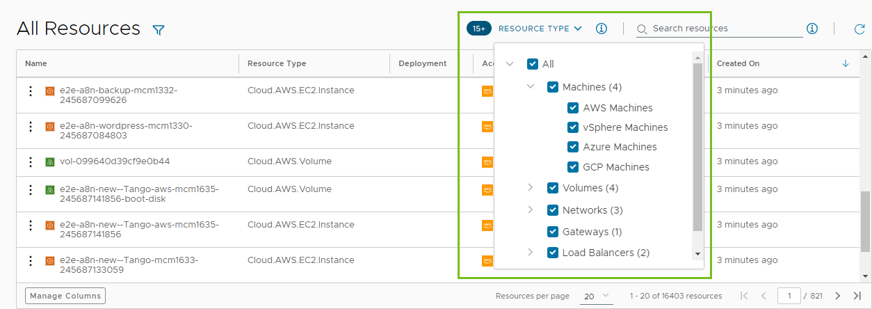Снимок экрана со страницей «Все ресурсы» с открытой и активной плиткой «Тип ресурсов».