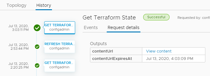 Пример сведений о запросе, где можно просмотреть файл состояния Terraform.