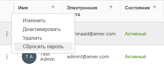 Запрос сброса пароля для пользователя из меню «Пользователи».