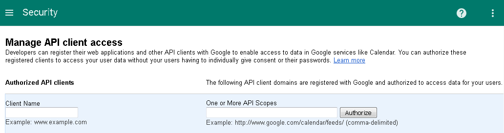 Страница Manage API client access (Управление доступом клиента API) в Google
