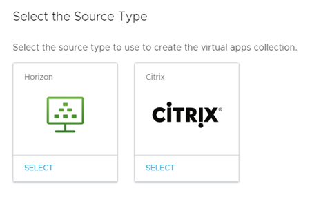 На изображении показана страница «Выберите тип источника». Есть два варианта: Citrix и Horizon.
