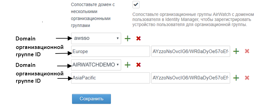 Снимок экрана с отображением двух доменов, сопоставленных с разными группами организации, с другим ключом REST API администратора