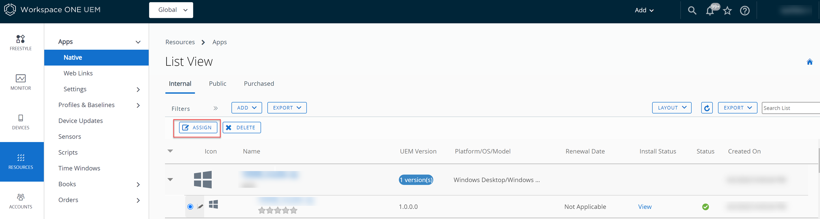 В Workspace ONE UEM Console отображается параметр «Назначить».