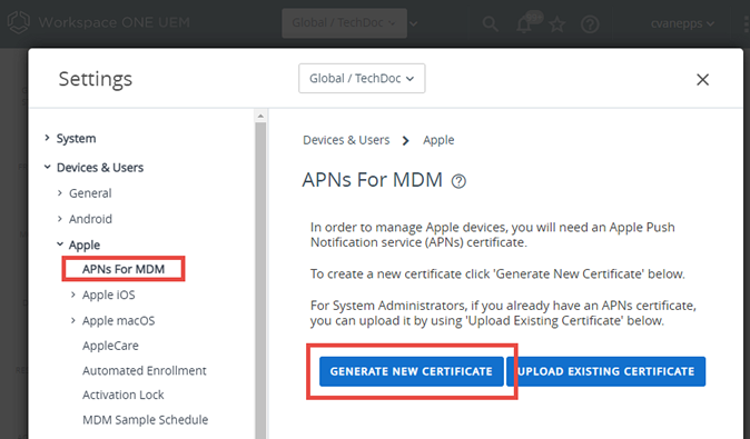 На этом снимке экрана показаны настройки APNs для системы MDM и кнопка «Создать новый сертификат».
