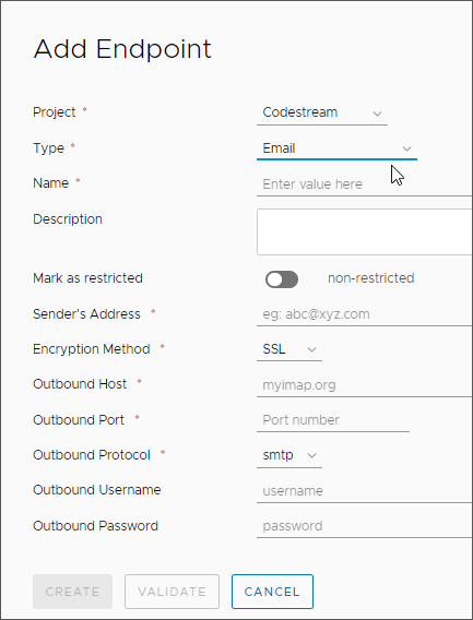 При добавлении конечной точки электронной почты необходимо указать метод шифрования и протокол исходящего соединения.
