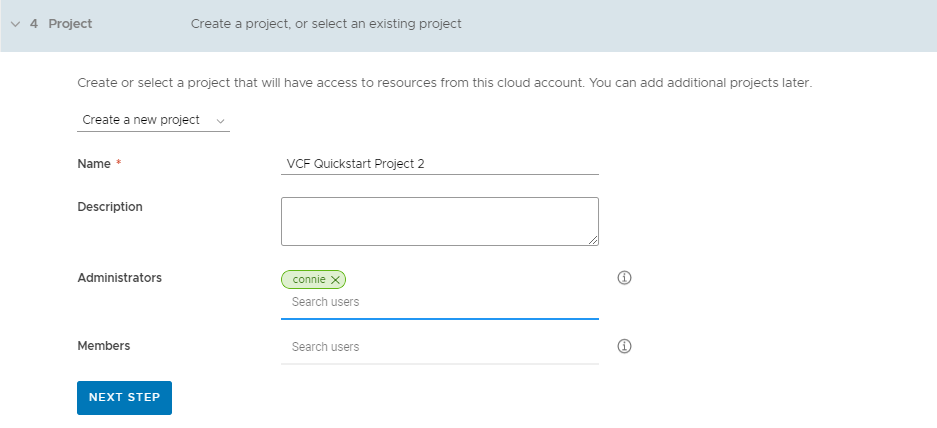 VCF [快速入門] 精靈中的 [專案] 區段。包含的範例資料。