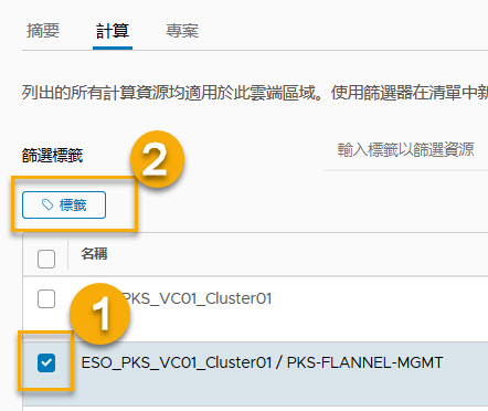 向 vmc 計算資源和雲端區域 1 新增標籤