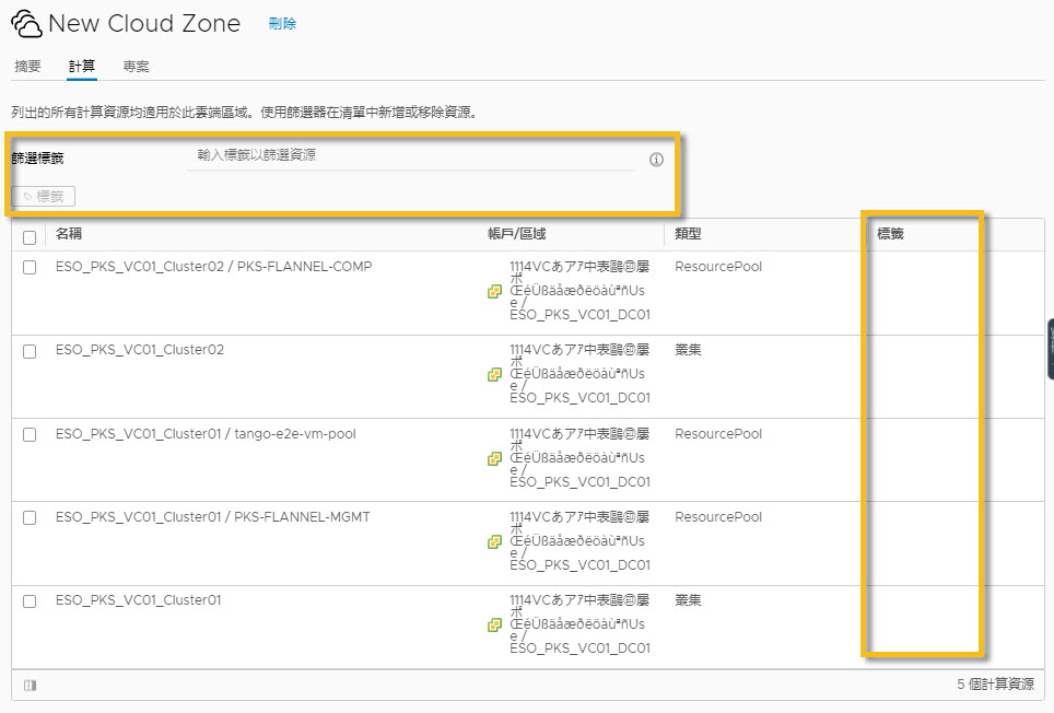 雲端區域畫面，其中計算資源不包含任何標籤