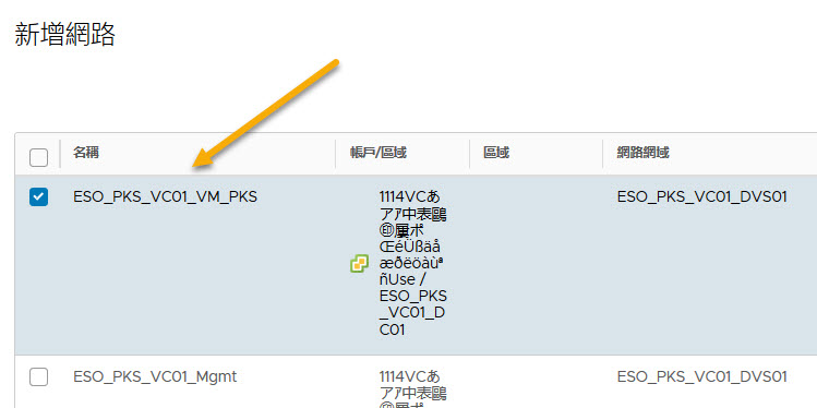 選取此畫面中顯示的名為 sddc-cgw-network-1 的網路。