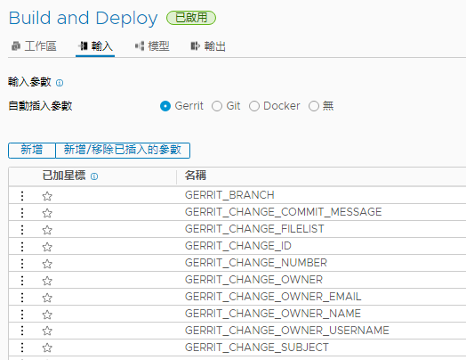 可插入管線中的 Gerrit 輸入參數顯示在輸入索引標籤上。